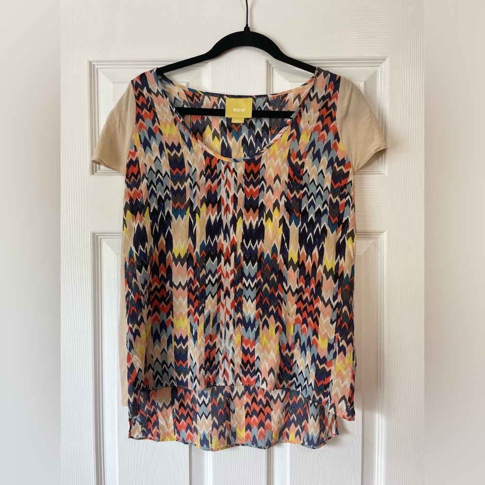 Maeve 100% Silk Muticolored Abstract Printed Blouse
